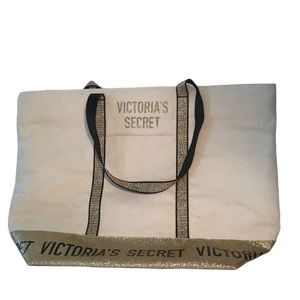 Victoria Secret Tote Cream & Gold Metallic Trim